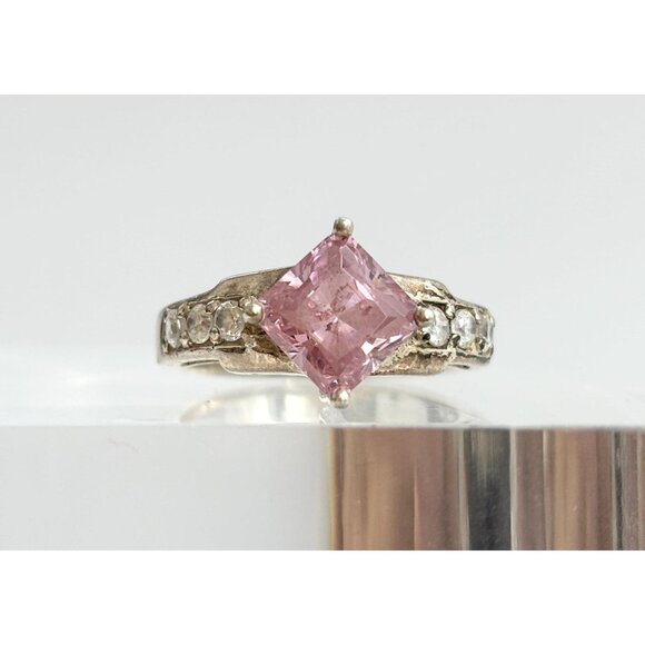 Pink Topaz Multi CZ Gemstone Ornate Shank 925 Sterling SilverVintage Ring - sz 6 - Picture 1 of 12